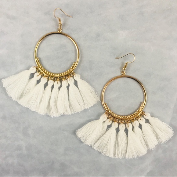 Jewelry - 2/$20 Tassel Earrings Fringe White Statement Hoop